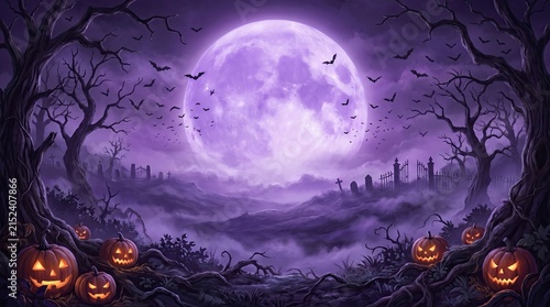 Spooky halloween night background featuring a giant purple full moon with silhouetted trees and glowing jack o lanterns