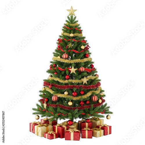 Decorated christmas tree with red and gold gifts underneath