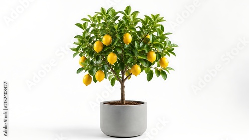 Potted lemon tree with vibrant yellow fruit growing in minimalist grey planter