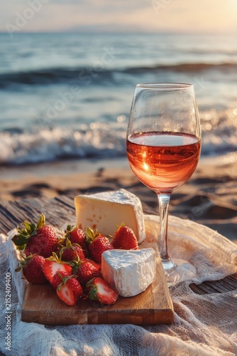A glass of rosé wine on the seashore at sunset, Generative AI,