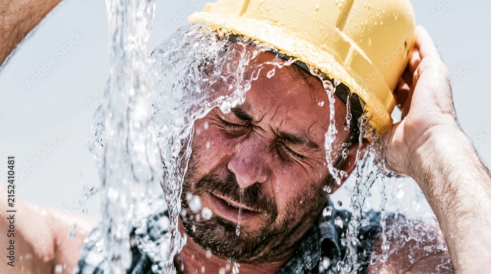 Fototapeta premium Construction worker cooling down from heat with water pour, refreshing during hot summer labor