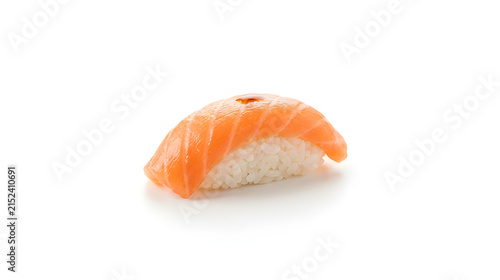 Fresh salmon nigiri sushi piece served isolated on white background