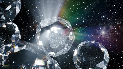 Sparkling faceted diamonds floating through deep dark space in this cinematic digital animation motion video clip