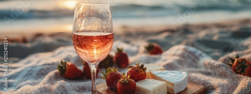 A glass of rosé wine on the seashore at sunset, Generative AI,
