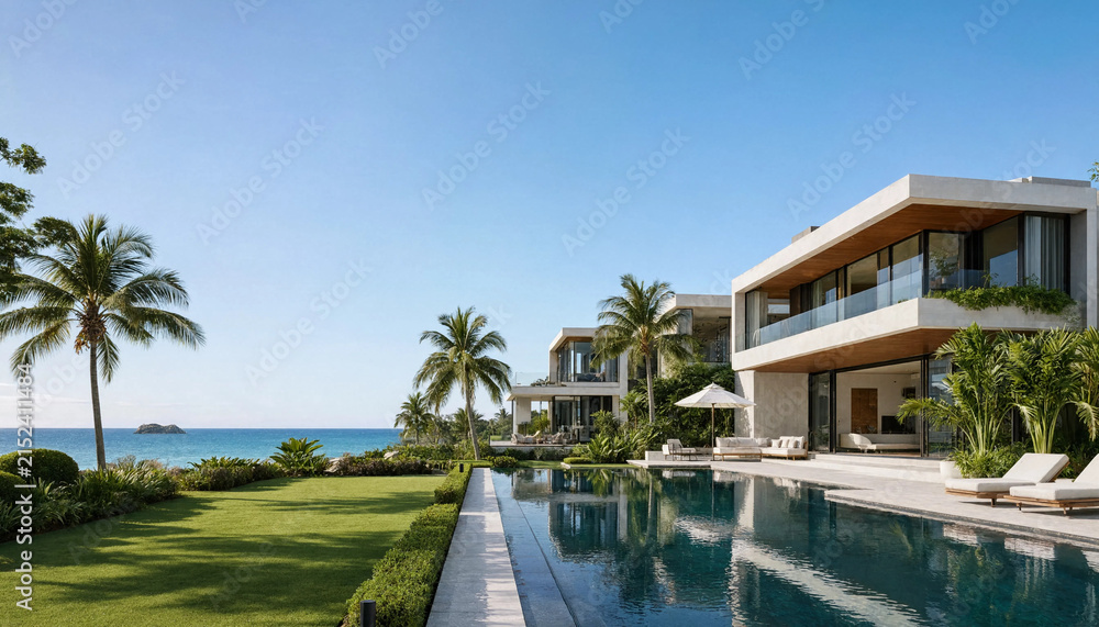 Fototapeta premium Contemporary luxury home exterior with a swimming pool and tropical palm trees by the beach architecture tropical vacation landscape property exterior lifestyle relaxation building