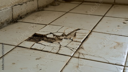 Close-up of a damaged, broken ceramic tile floor with visible cracks and dirt, highlighting neglect and the need for repair or renovation in an old, abandoned building