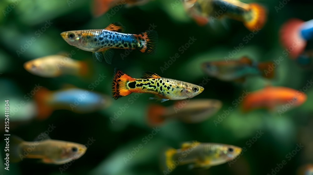 Fototapeta premium Colorful guppies swim gracefully through green aquatic plants in a vibrant underwater scene