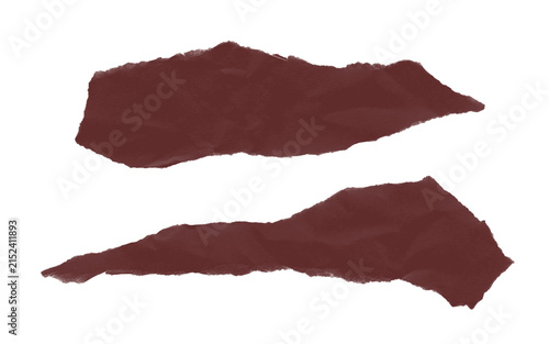 Torn dark brown paper scraps with rough edges isolated on white background for design banner collage notes.