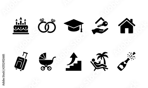 Life Events Milestones Celebration Icon Set. Birthday cake, wedding rings, graduation cap, house key in hand, home, luggage suitcase, baby stroller, career growth stairs, beach relaxation vacation, po
