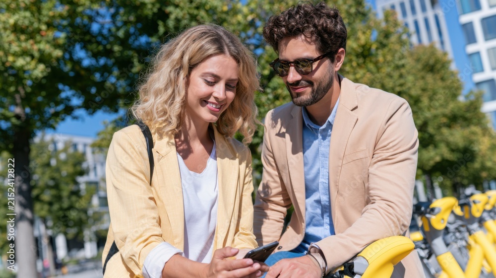 Fototapeta premium Young professionals using shared bicycles in urban setting, one woman and one man checking smartphone together, surrounded by trees and modern buildings