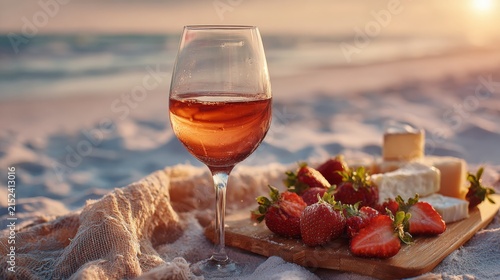 A glass of rosé wine on the seashore at sunset, Generative AI,