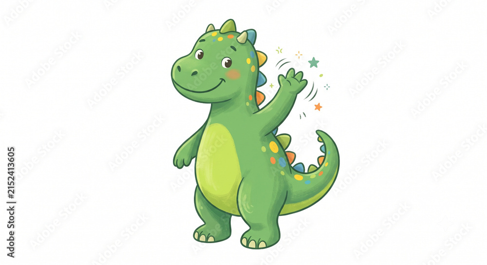 Fototapeta premium Cute Happy Green Dragon Cartoon Character Vector Illustration Isolated on White Background