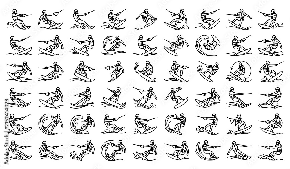Fototapeta premium Dynamic Wakeboarding Summer Water Sport Single Line Vector Collection
