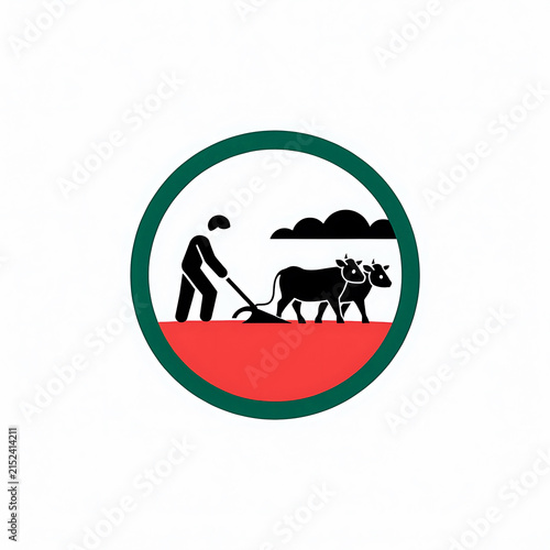 Minimalist of farmer plowing field with oxen in circular emblem background