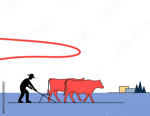 Minimalist of farmer plowing field with red oxen team background