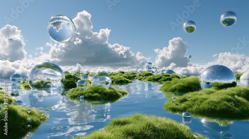 Utopian Frutiger Aero landscape featuring vibrant green grass, floating water bubbles, and fluffy clouds under a clear blue sky in a surreal, dreamlike setting