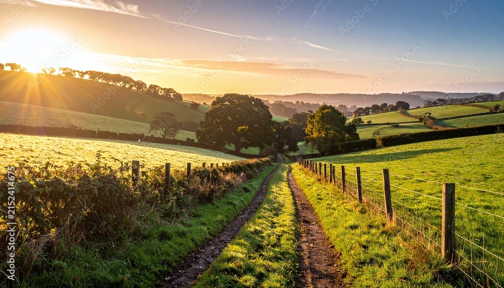 Obraz premium A tranquil dirt path leads through vibrant rolling green hills during a golden morning sunrise. Nobody is present in this peaceful landscape, inspiring hope and serene freedom.