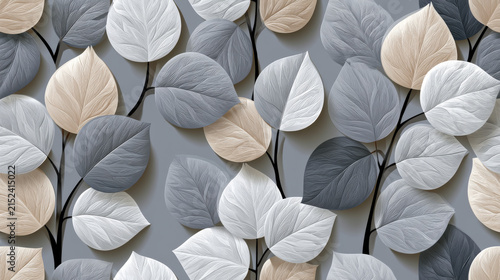 3D bas-relief botanical wall panel with plaster leaves and golden accents. Elegant neutral floral background pattern