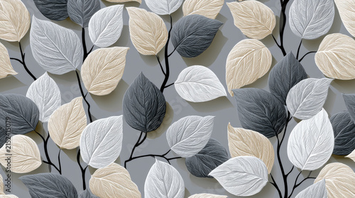 3D bas-relief botanical wall panel with plaster leaves and golden accents. Elegant neutral floral background pattern