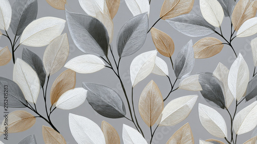 Seamless botanical pattern with elegant white and beige skeleton leaves on grey background. Luxury textile and wallpaper design