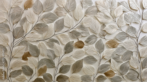 3D bas-relief botanical wall panel with plaster leaves and golden accents. Elegant neutral floral background pattern
