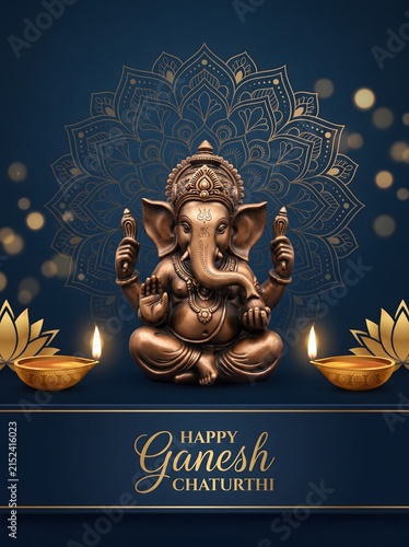 Happy ganesh chaturthi gold lotus diya lamps blue background.