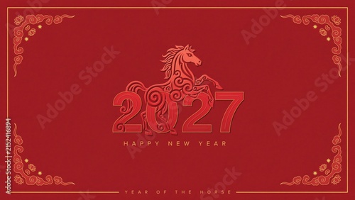 Happy chinese new year 2027 greeting card design with traditional golden goat zodiac icon on red background