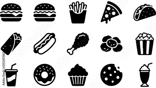 Set of black and white fast food and snack icons featuring burger pizza taco and dessert items