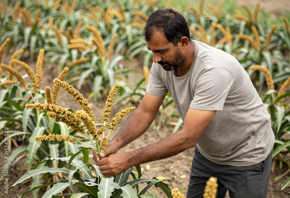 Obraz premium Indian farmer inspecting pearl millet crop in a field, agricultural research and sustainable farming practices, the man is focused on the healthy growth of the grain