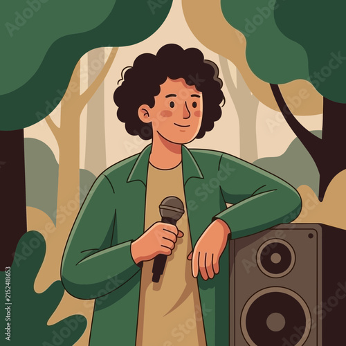 Man performing with microphone and speaker in forest.