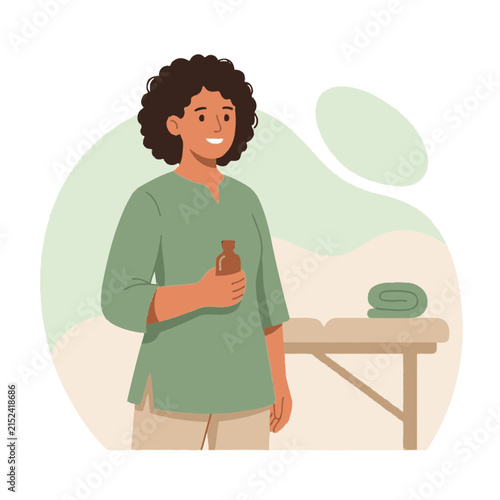 Massage therapist with treatment oil.