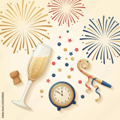 New Year's Eve celebration layout with fireworks and drinks.