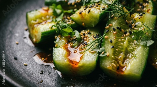 Smashed cucumbers coated in chili oil and sesame, photographed in dramatic close-up to emphasize freshness, texture and contemporary healthy cuisine