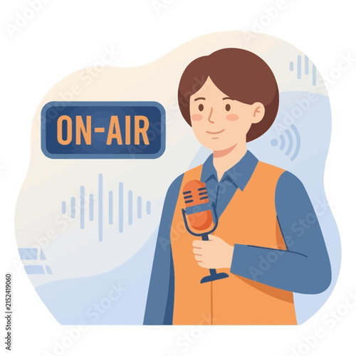 Radio presenter speaking into microphone during live broadcast
