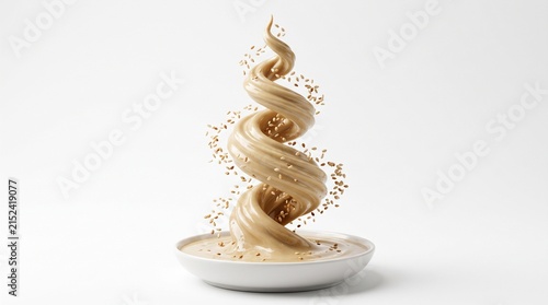 Silky tahini sculpted into a dramatic spiral with suspended sesame seeds, creating a sophisticated plant-based nutrition concept with strong visual impact. Isolated on White background