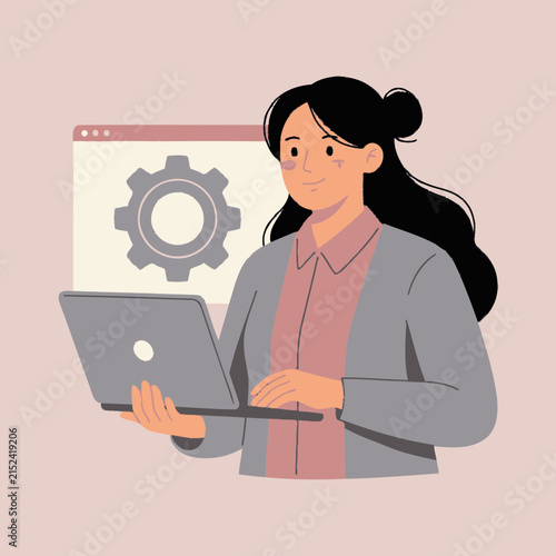 Software engineer working on laptop with tech gear icons.