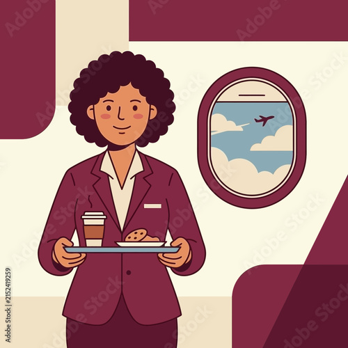 Stewardess in burgundy suit holding snack tray near window.