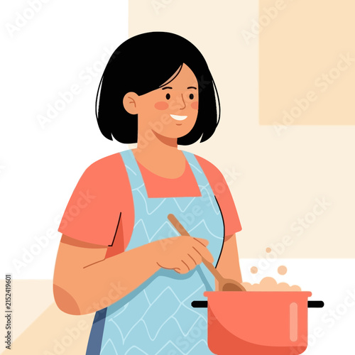 Woman in apron cooking meal in pot.