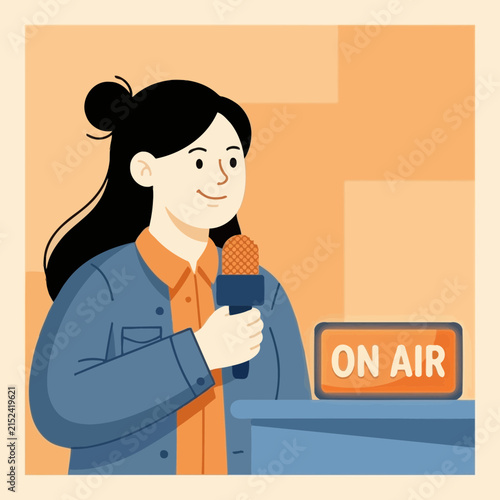 Woman podcaster recording with microphone on air sign.