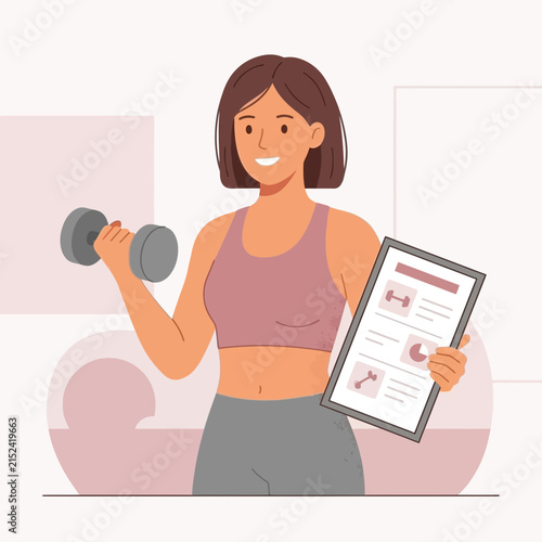 Woman training with dumbbell and digital workout tablet