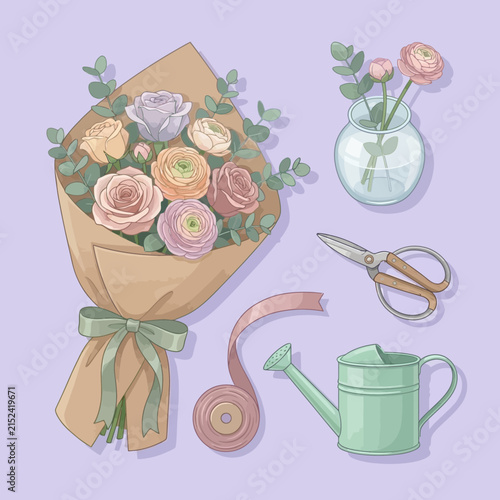 Bouquet wrapped in paper with florist tools.