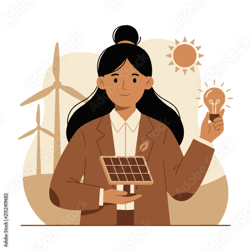 Woman with solar panel and wind turbine background.