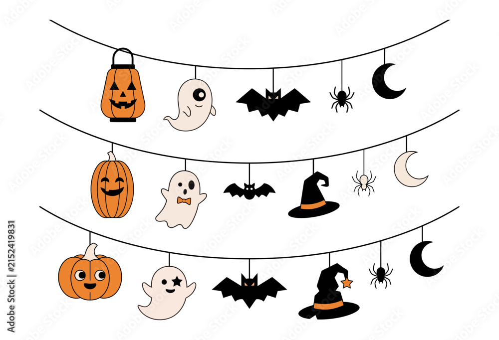 Fototapeta premium Festive halloween decorations hanging on strings with pumpkins ghosts bats and spiders