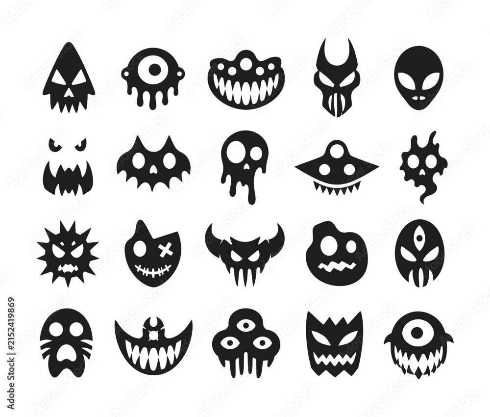 Fototapeta premium Collection of spooky black monster faces and creepy icon designs for halloween themes