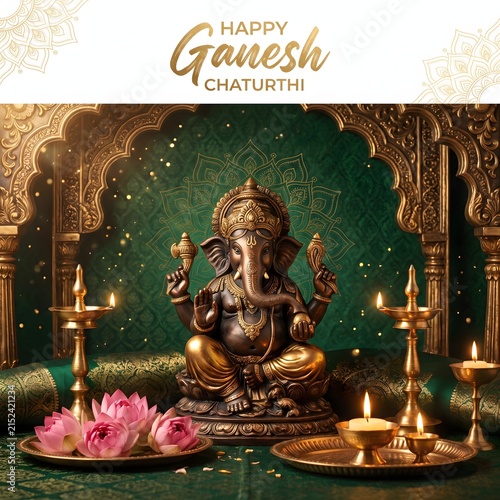 Ganesh chaturthi festival with ganesha idol, lotus flowers and glowing diyas.