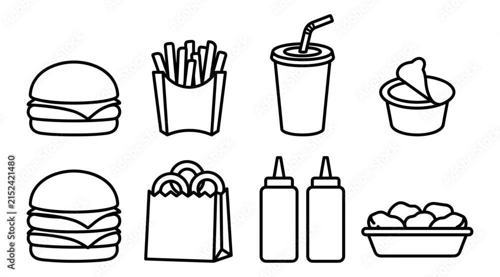 Fototapeta premium Fast Food Burger combo Line Art Vector Set Featuring Cheeseburger French Fries Onion Rings Soda Nuggets and Sauce Bottles for Coloring Books