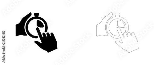 Hand pressing timer button vector icon filled and outline, taking break and time management symbol.