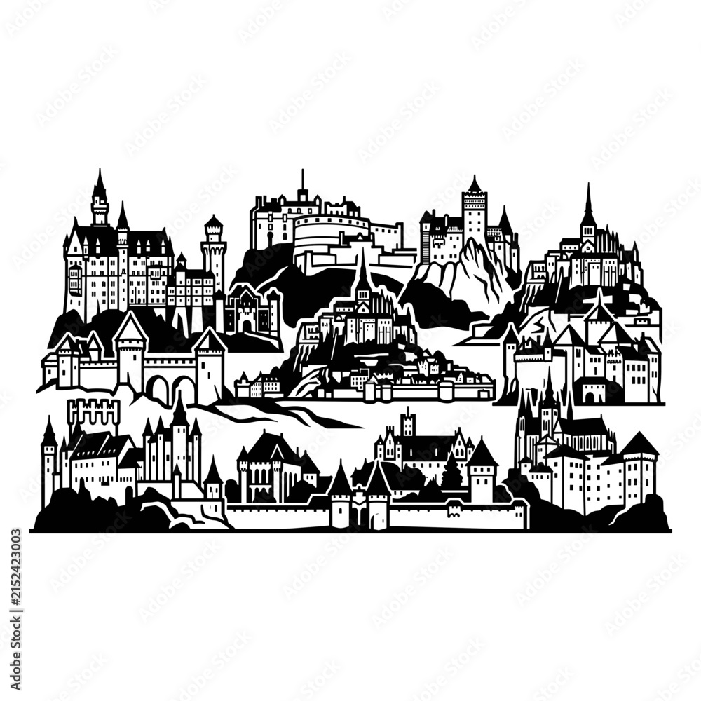Obraz premium Collection of European Castles and Fortresses Silhouette.