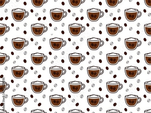 Seamless pattern with coffee cups and beans isolated on white background