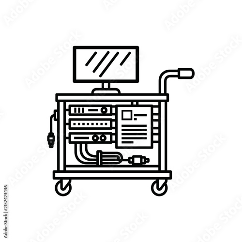 Computer equipment on a mobile cart with monitor and cables.